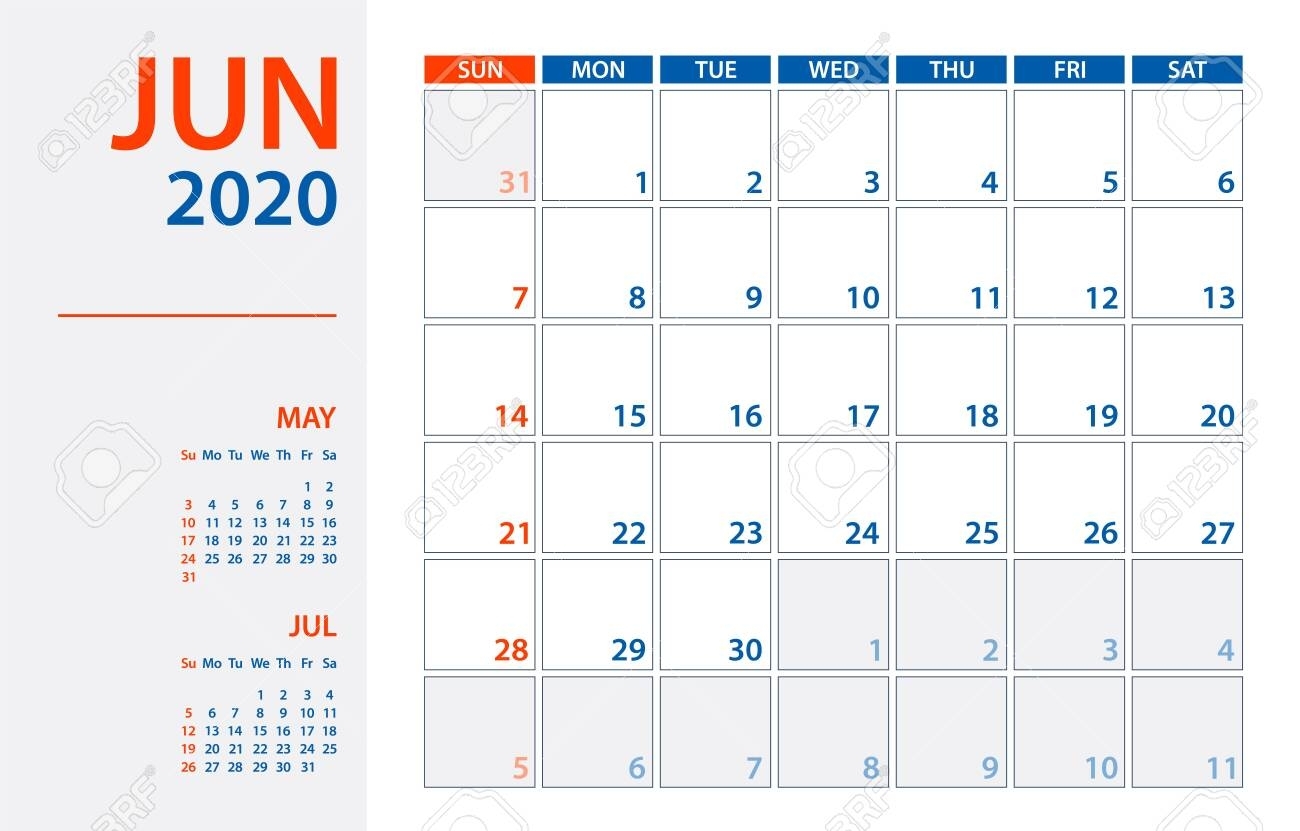 June 2020 Calendar Planner - Vector. Template Mock Up