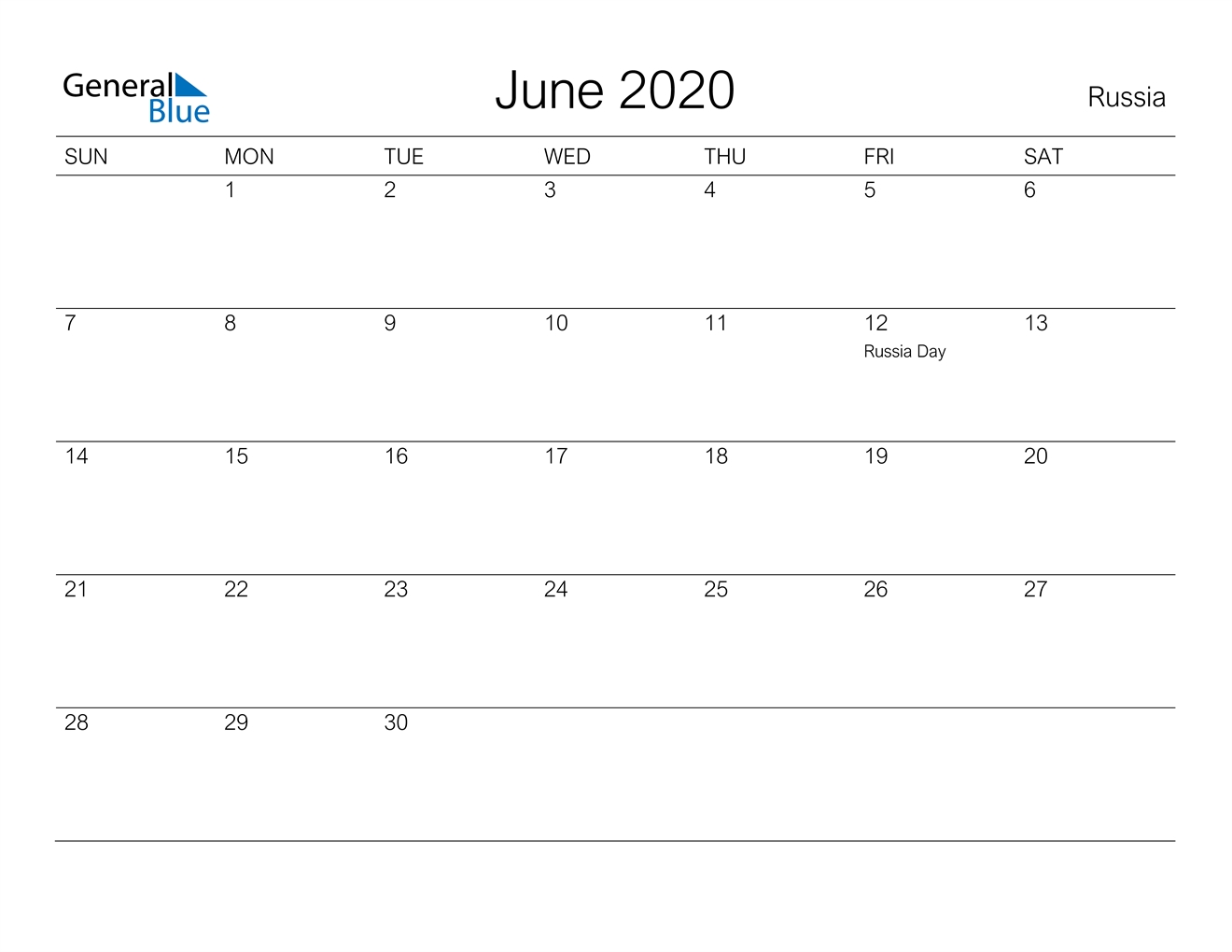 June 2020 Calendar - Russia