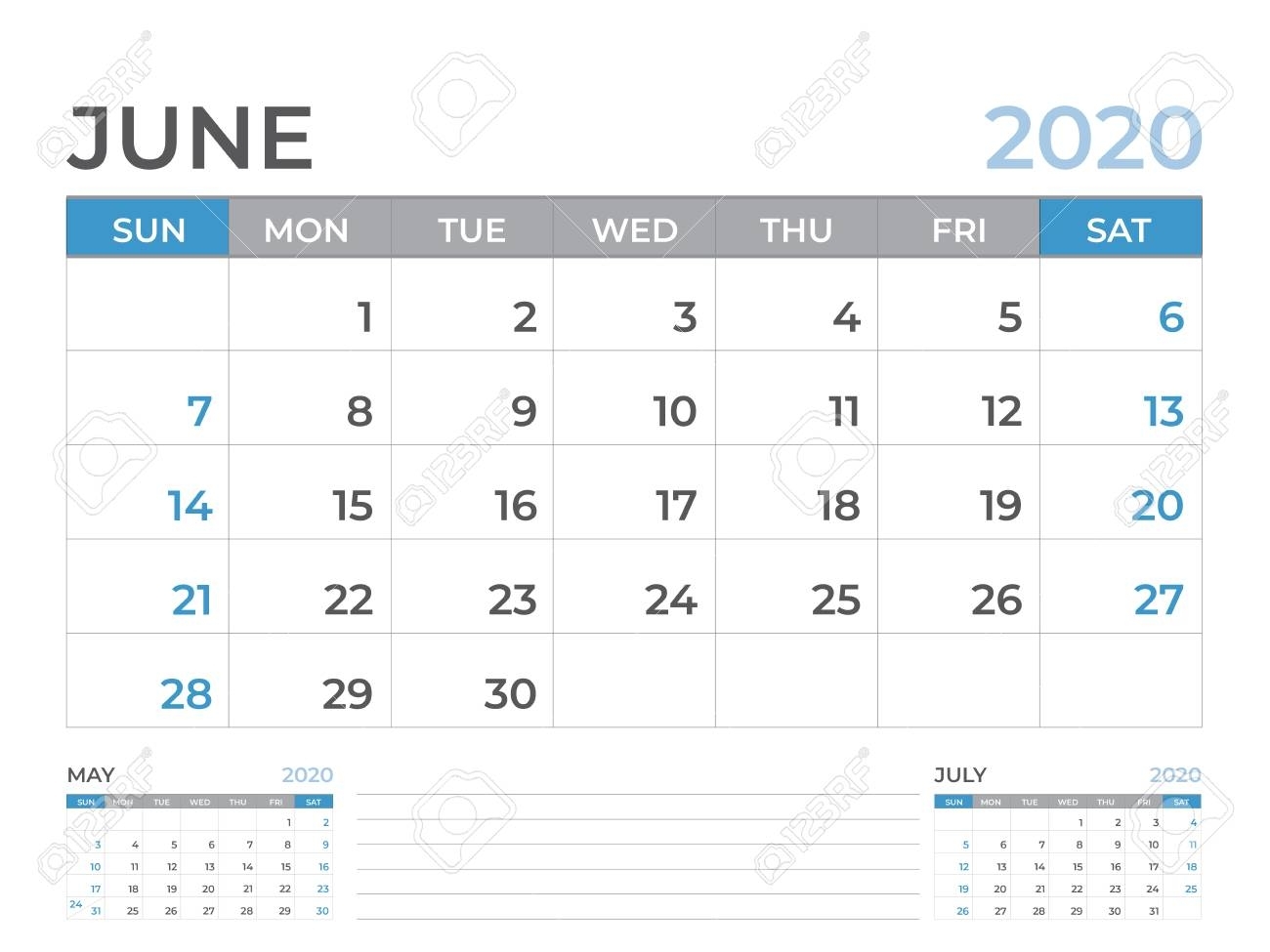 June 2020 Calendar Template, Desk Calendar Layout Size 8 X 6..