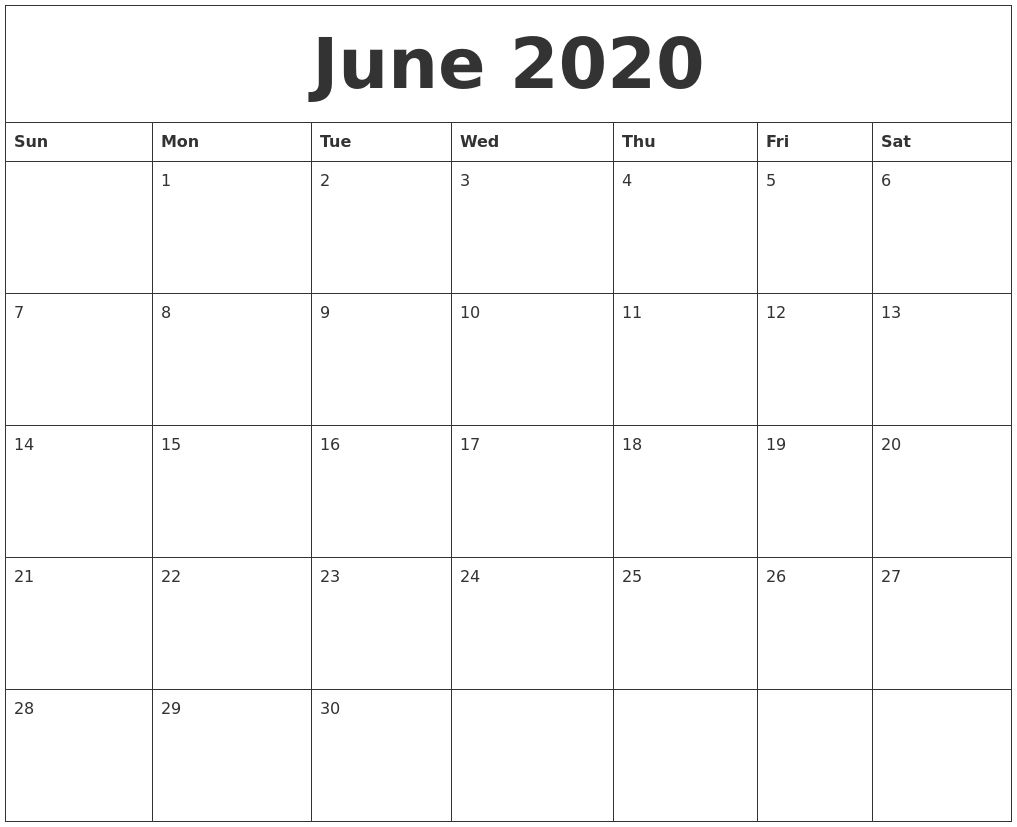 June 2020 Free Online Calendar