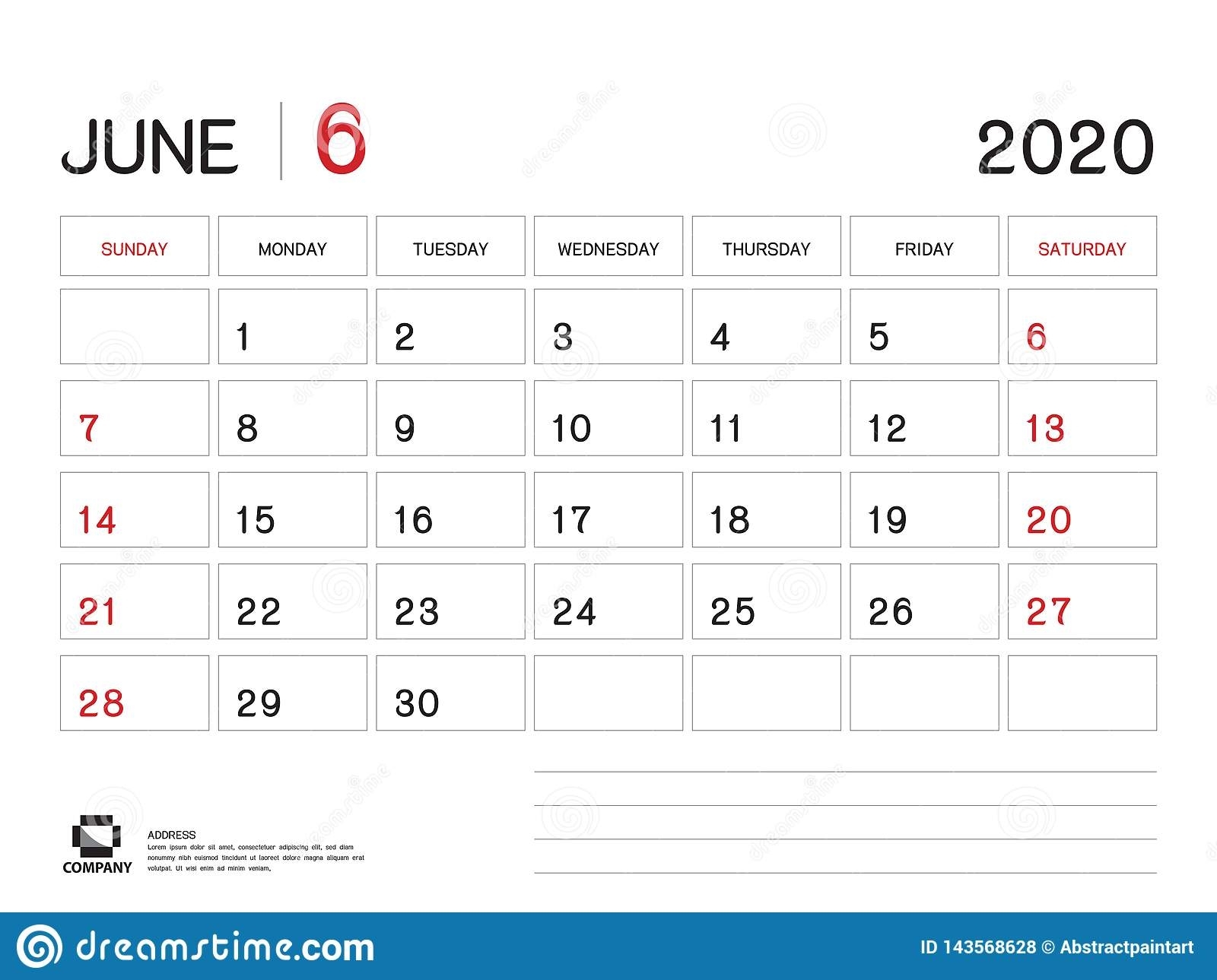 June 2020 Year Template, Calendar 2020 Vector, Desk Calendar