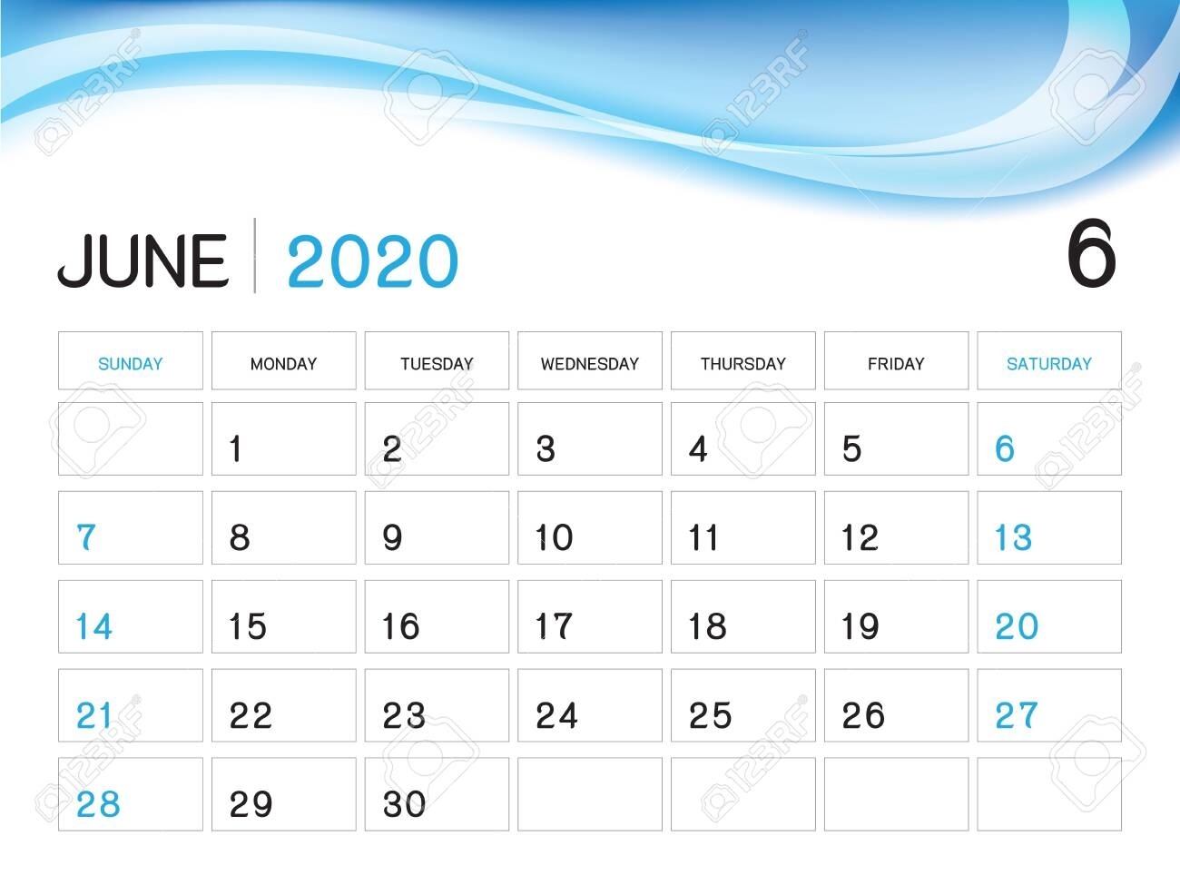 June 2020 Year Template, Calendar 2020 Vector, Desk Calendar..