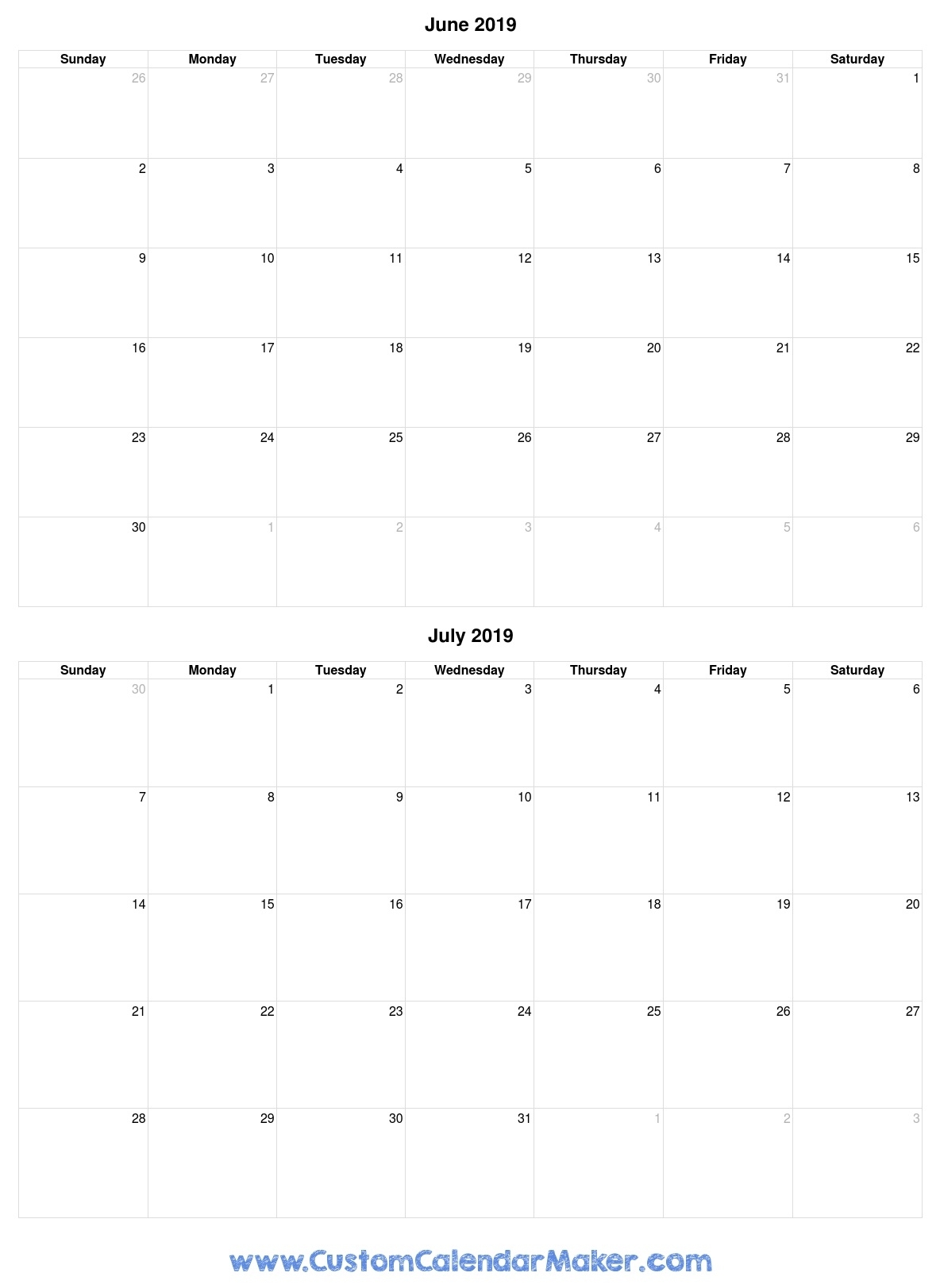 June And July 2019 Free Printable Calendar Template