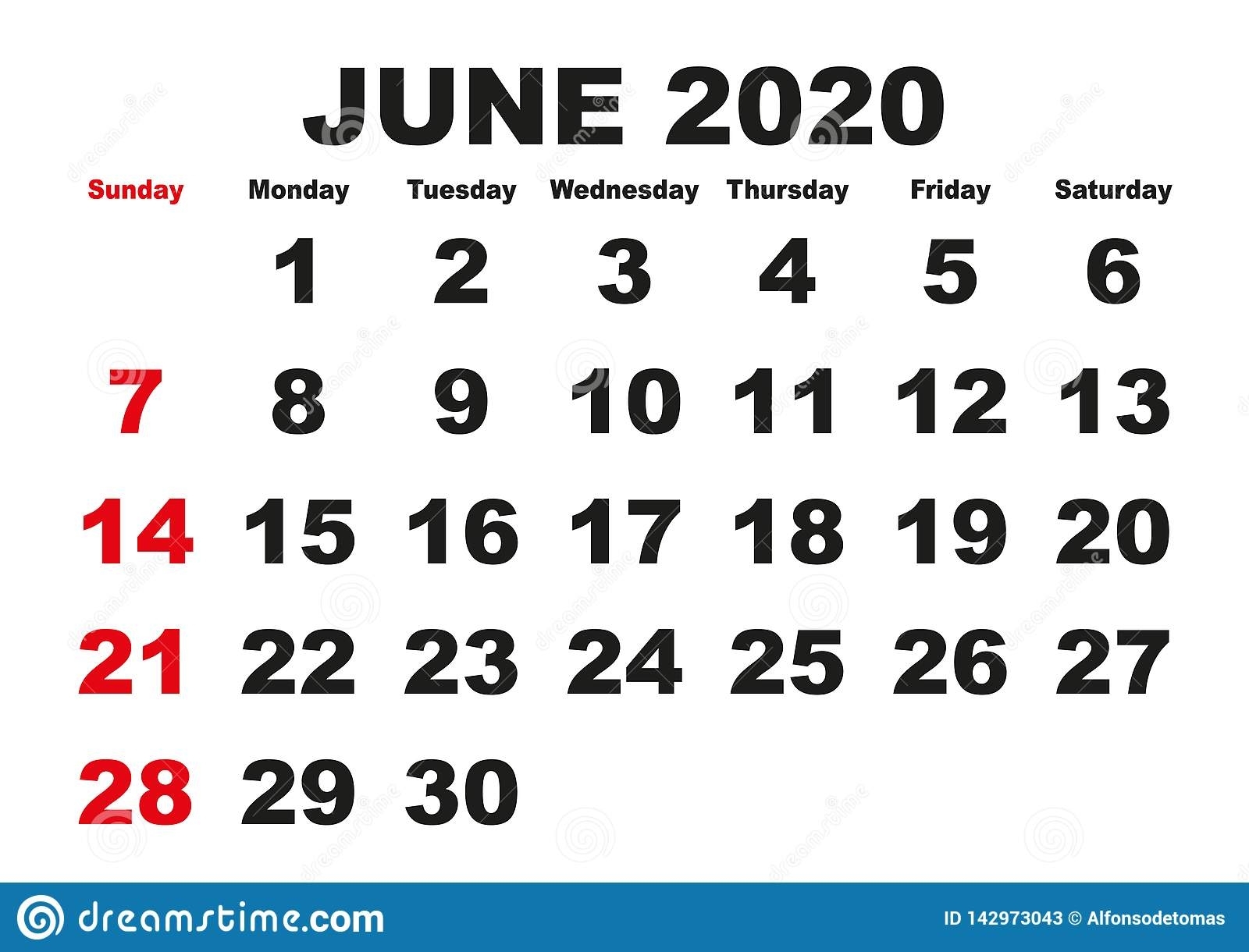 June Month Calendar 2020 English Usa Stock Vector