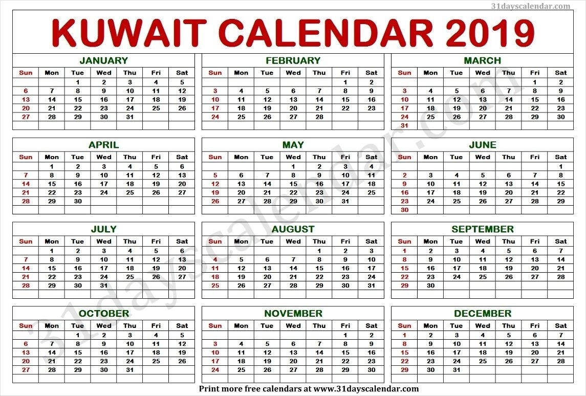 Year 2020 Calendar Kuwait Month Calendar Printable   Kuwait Calendar 2019 In 2019 Calendar 2019 Template 