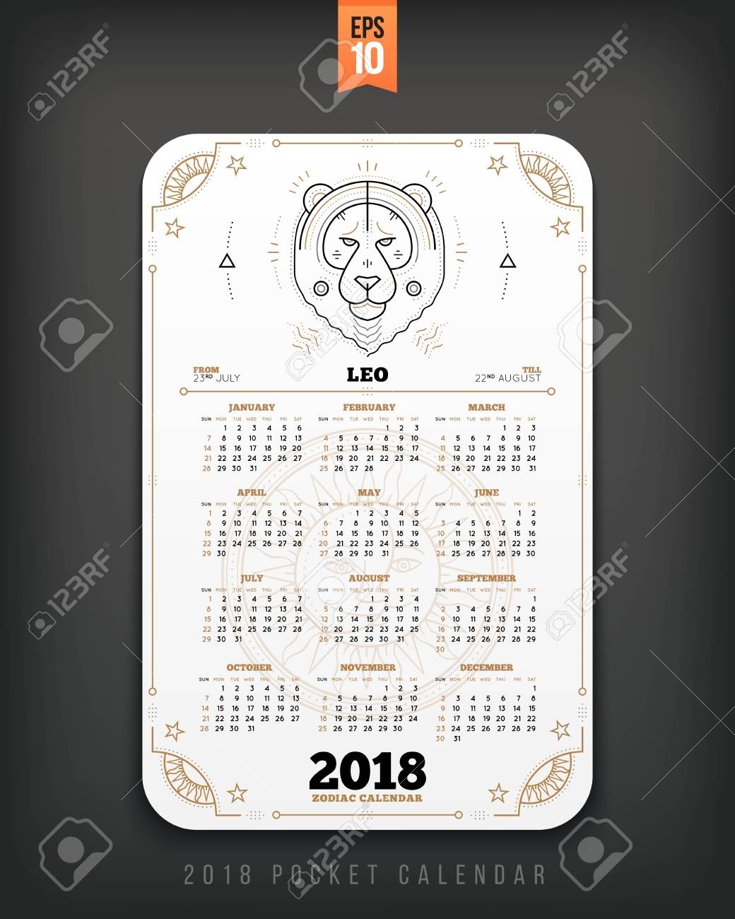 Leo 2018 Year Zodiac Calendar Pocket Size Vertical Layout. White..