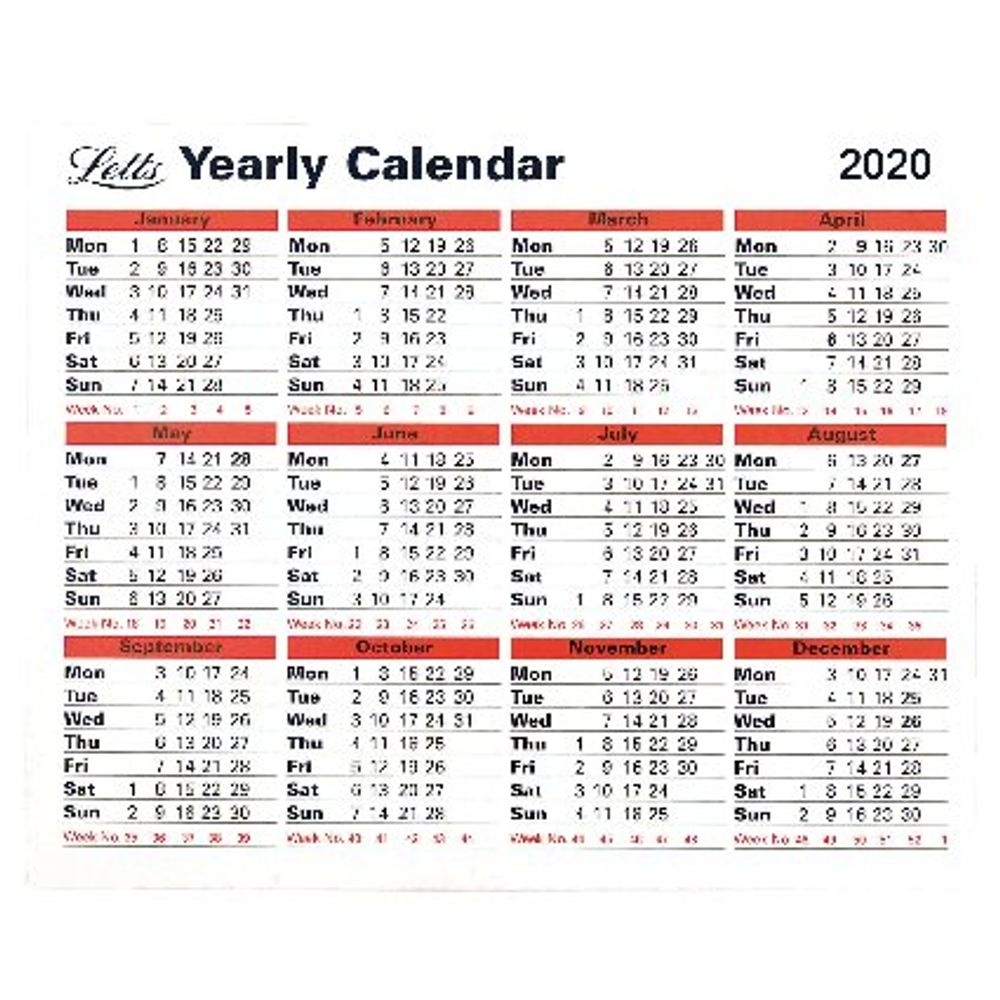 Letts Yearly Calendar 2020 (210 X 260Mm, Freestanding Or Wall Hanging)  20-Tyc