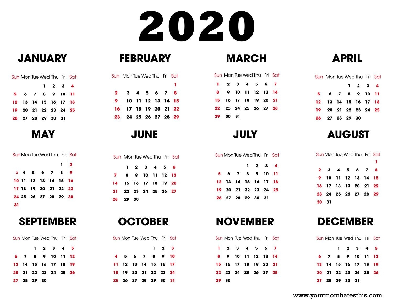 List Of Free 2020 Calendars
