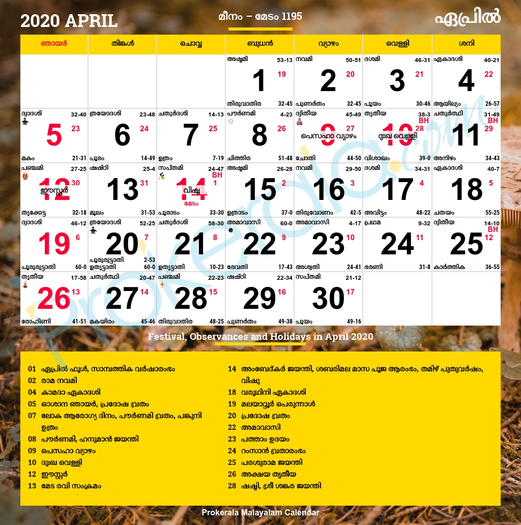 Malayalam Calendar 2020, April