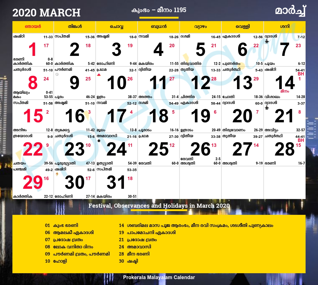 Malayalam Calendar 2020, March