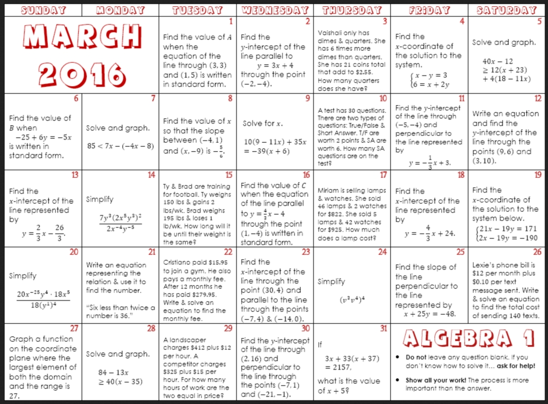 March 2016 Math Calendars For Elementary Through High School