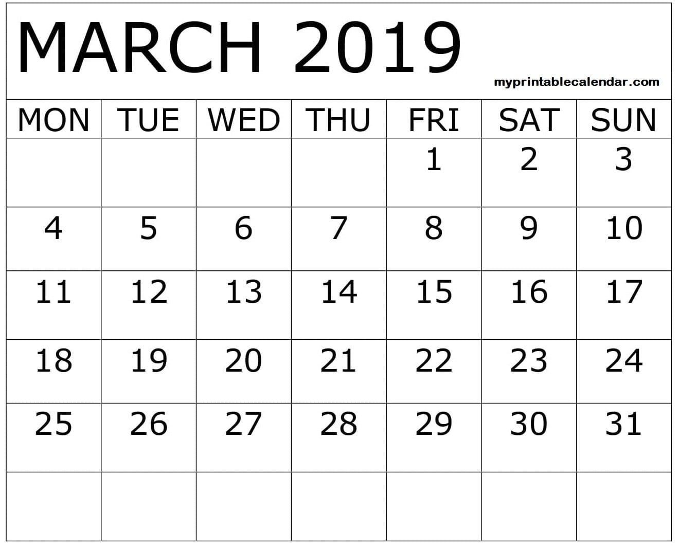 March 2019 Calendar Printable With Large Boxes | March 2019