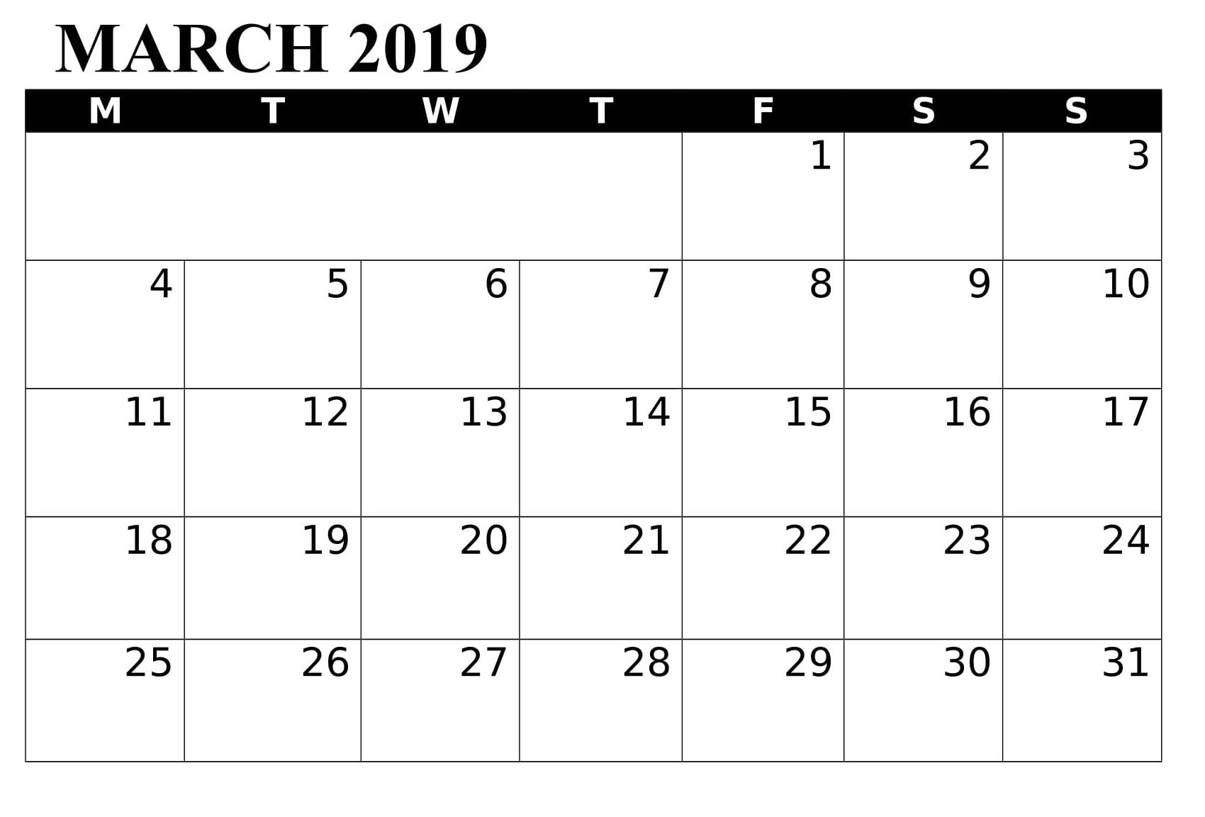 March 2019 Word Printable Calendar Free Download