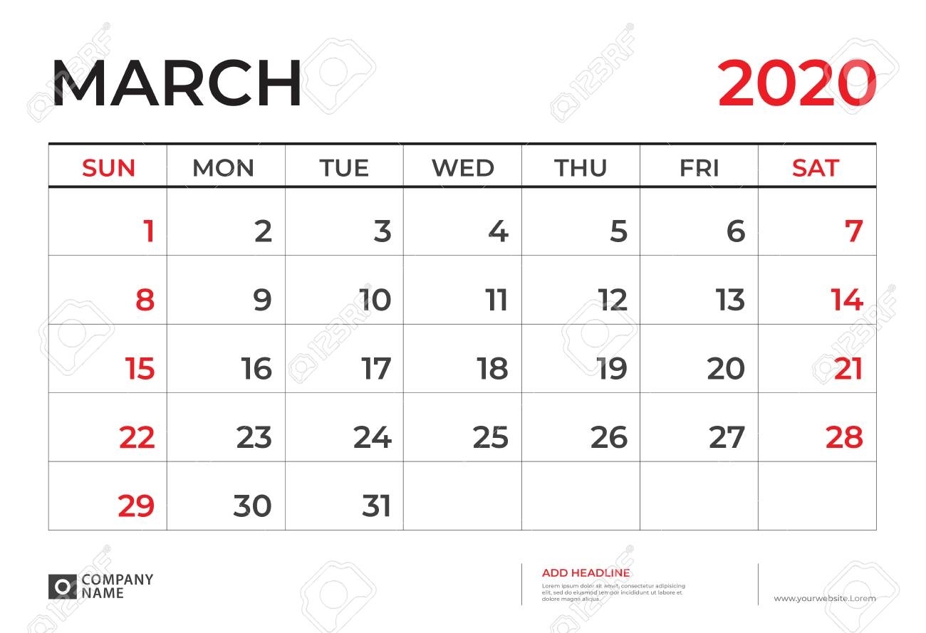 March 2020 Calendar Template, Desk Calendar Layout Size 9.5..