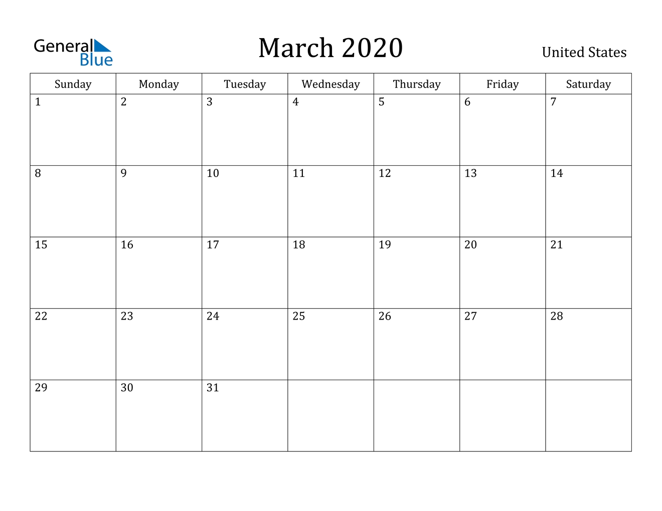 March 2020 Calendar - United States