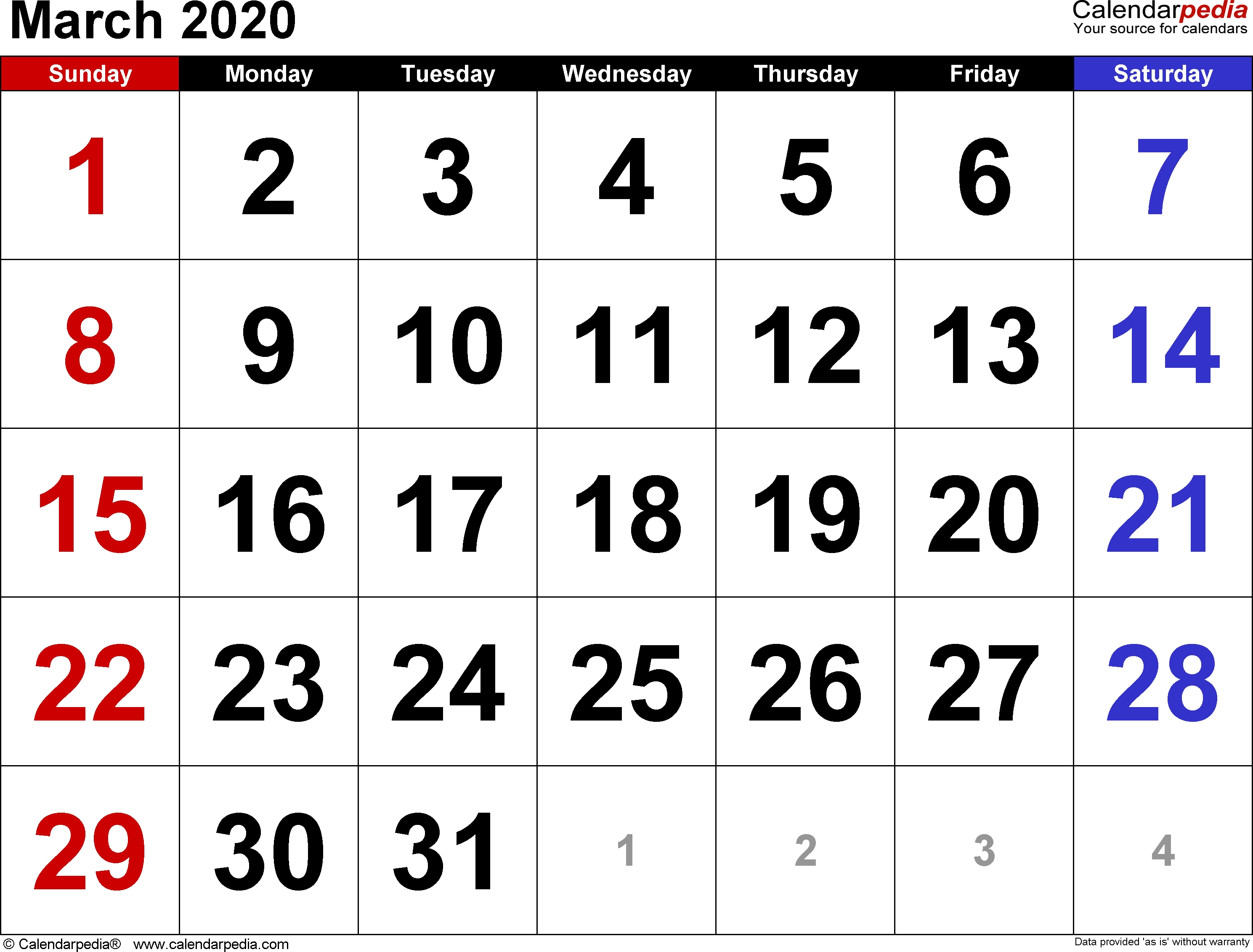 March 2020 Calendars For Word, Excel &amp; Pdf