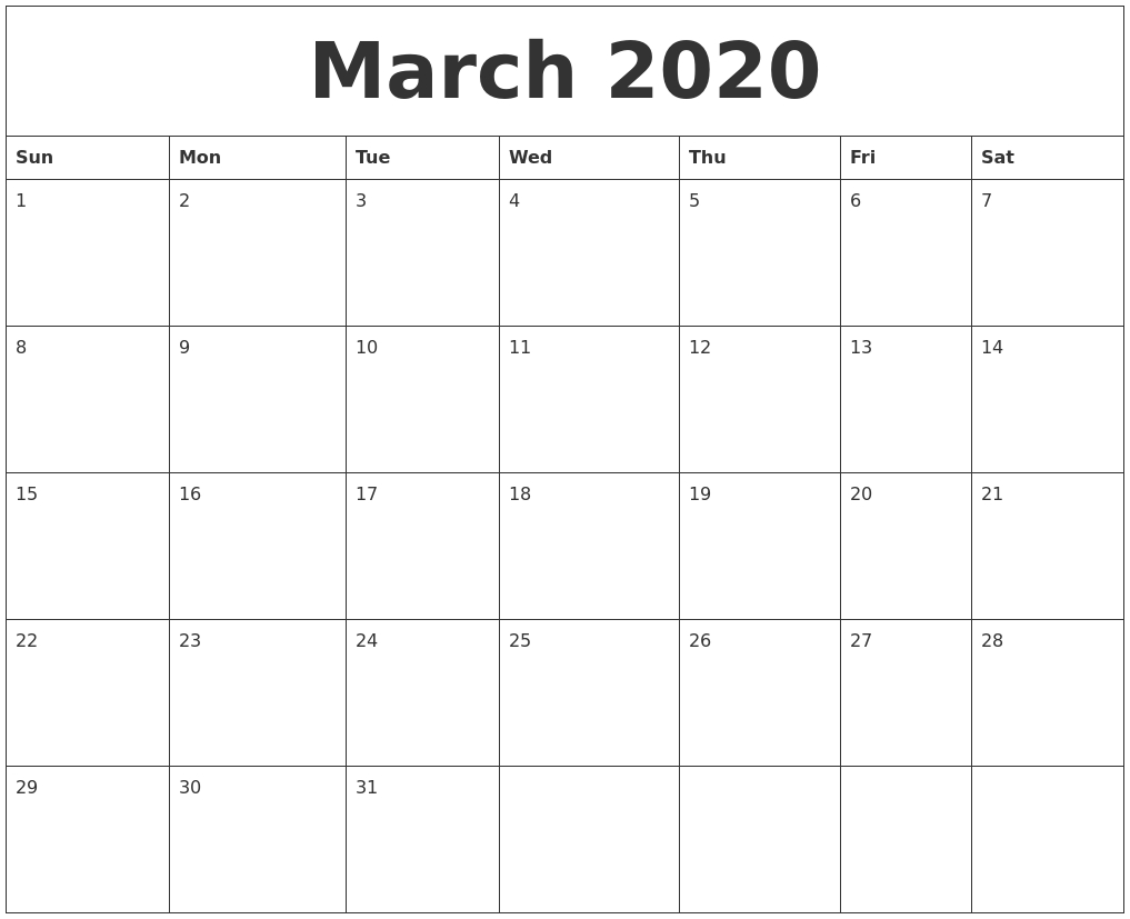 March 2020 Printable Calendar Pages