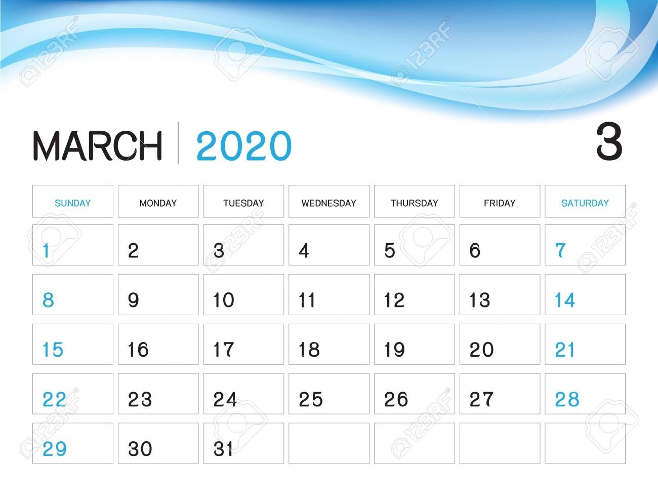 March 2020 Year Template, Calendar 2020 Vector, Desk Calendar..