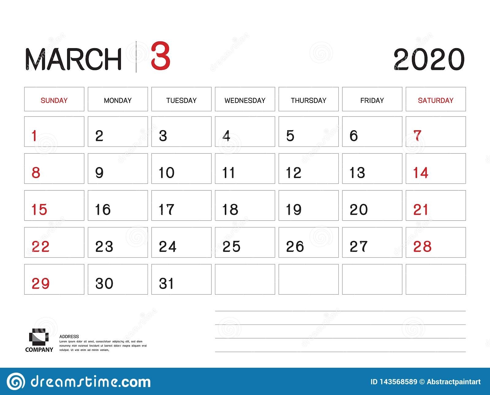 March 2020 Year Template, Calendar 2020 Vector, Desk