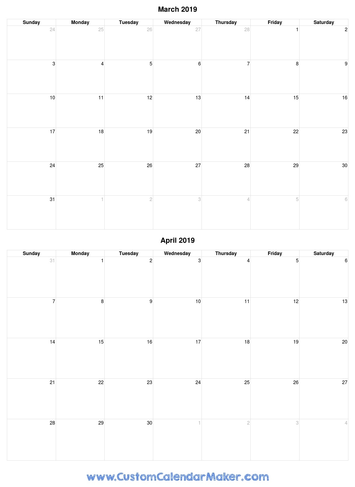 March And April 2019 Free Printable Calendar Template