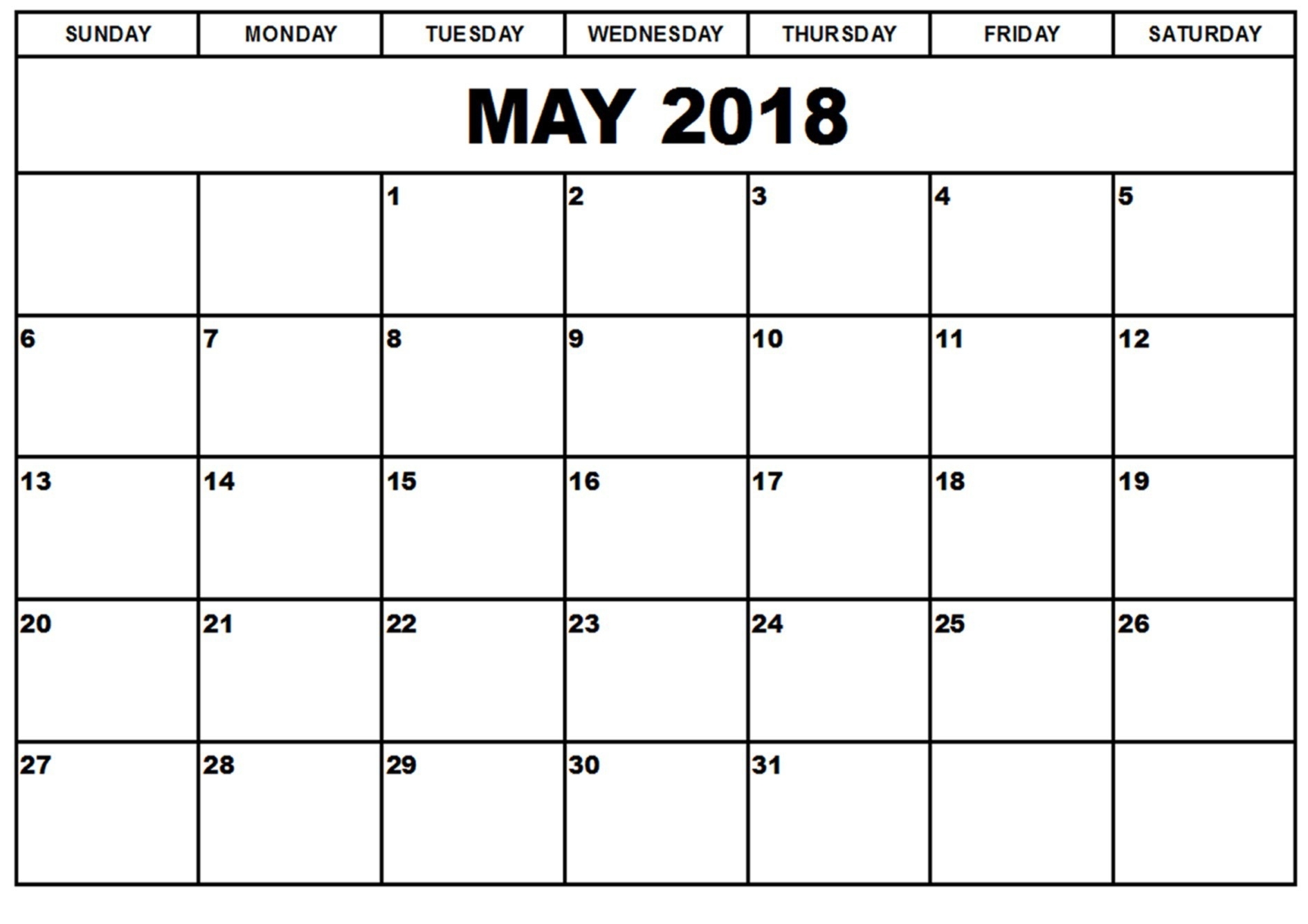 May 2018 Calendar Template For Sunday Through Saturday