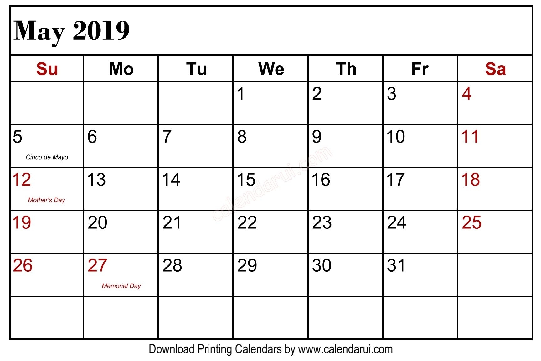 May 2019 Calendar Holidays Printable Usa Public Holidays 2