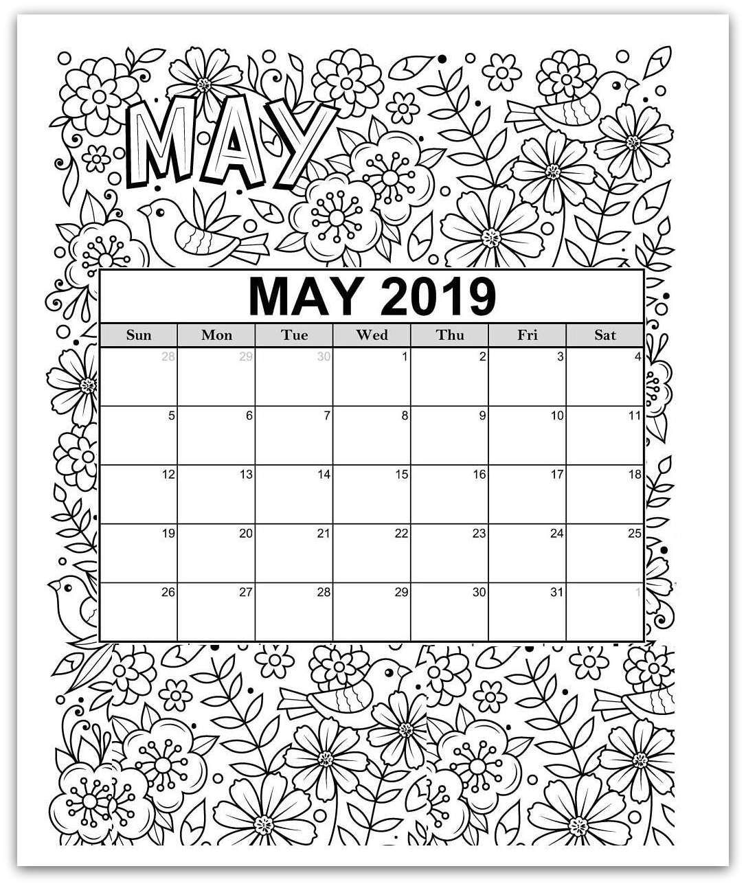 May 2019 Coloring Page Printable Calendar | Kids Calendar