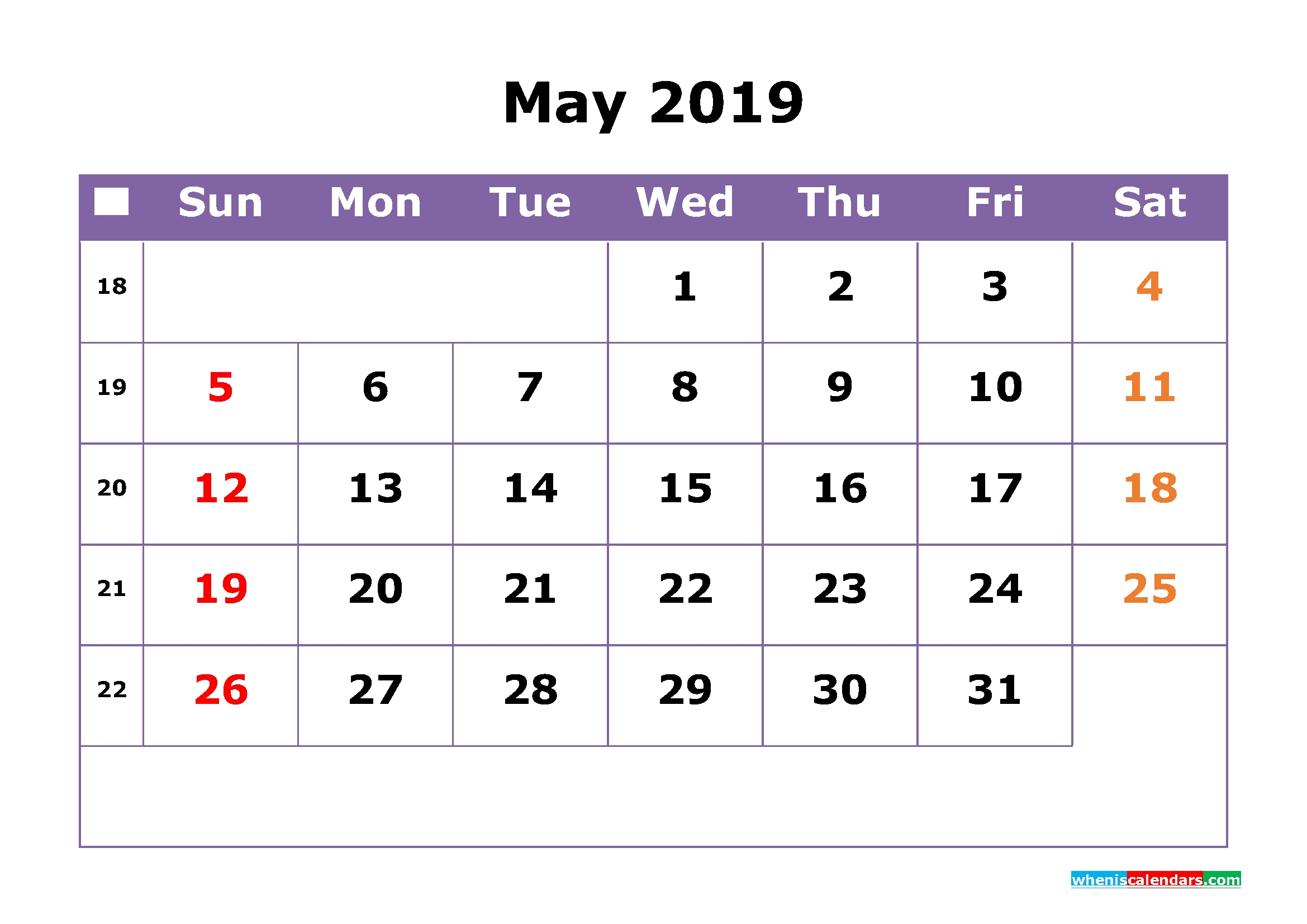 May 2019 Printable Calendar With Week Numbers For Free