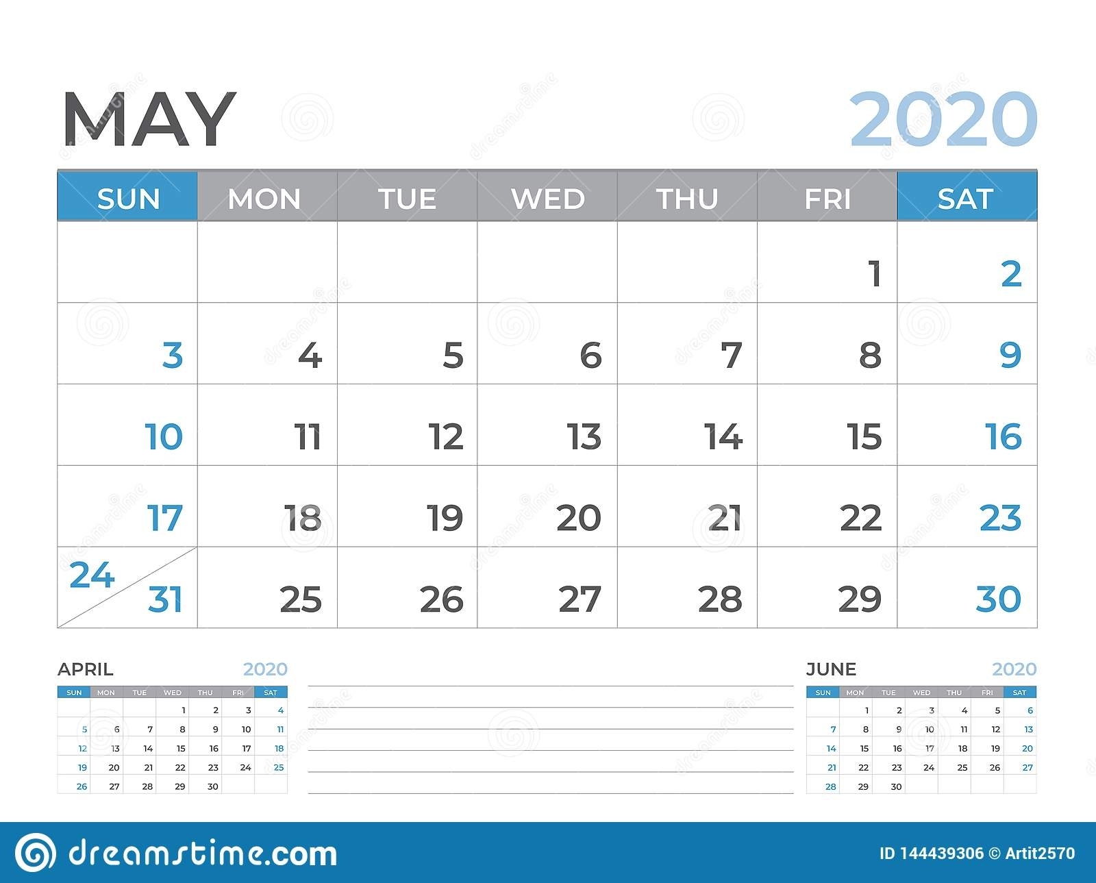 May 2020 Calendar Template, Desk Calendar Layout Size 8 X 6