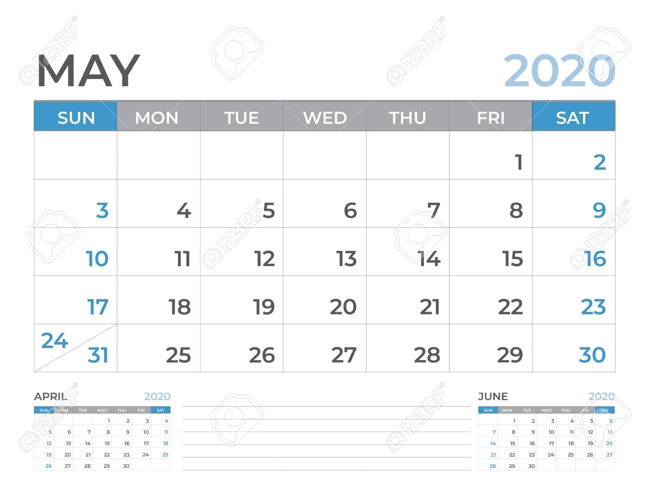 May 2020 Calendar Template, Desk Calendar Layout Size 8 X 6..