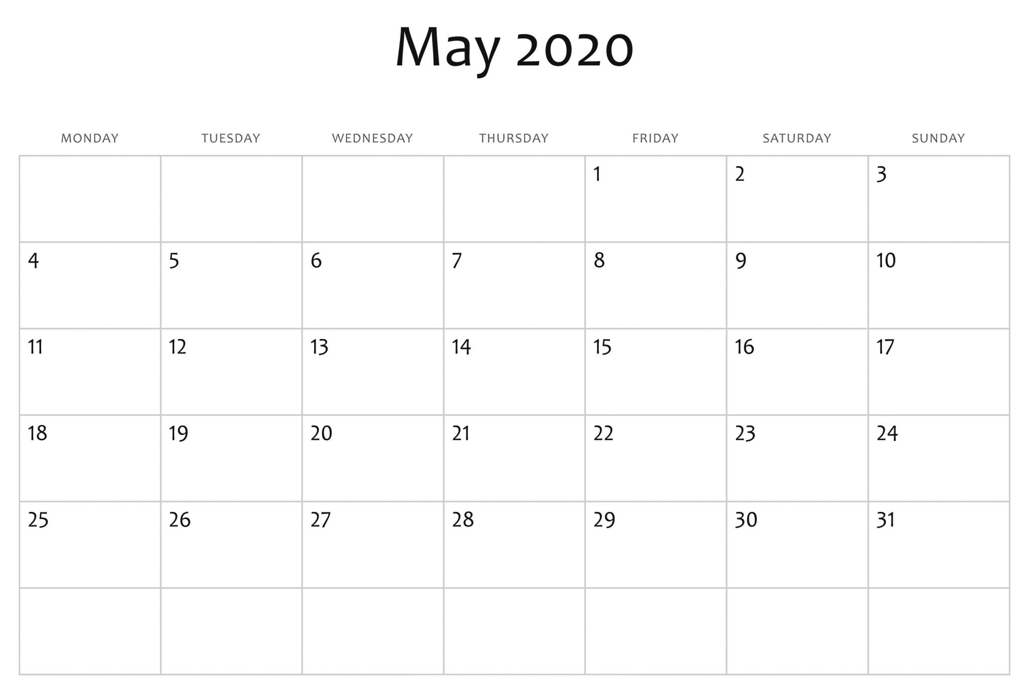 May 2020 Calendar Template Word, Pdf, Excel Format