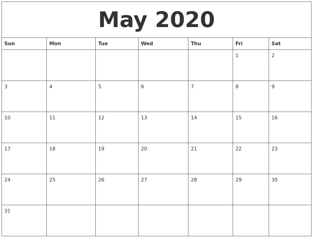 May 2020 Editable Calendar Template