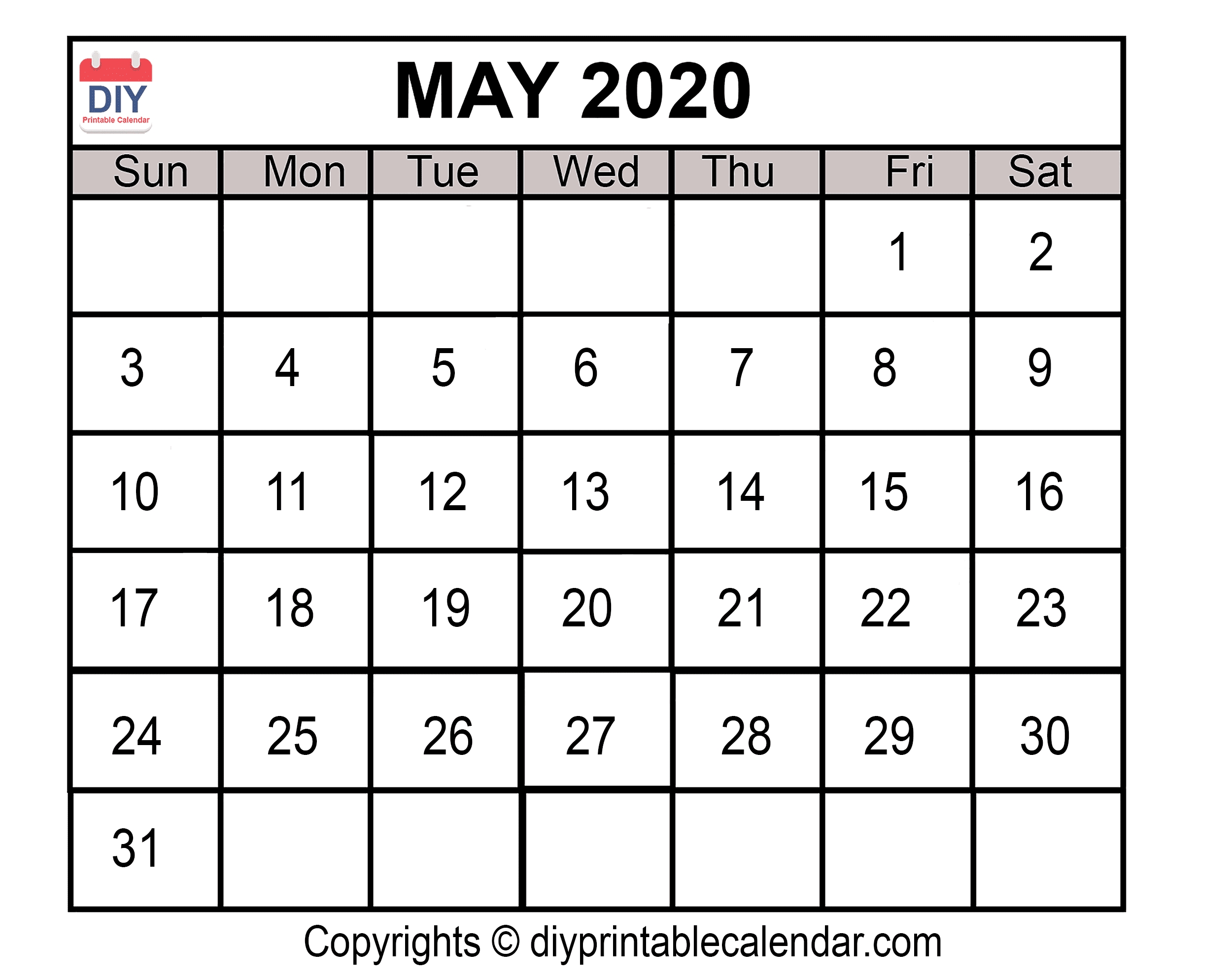 Calendar May 3 2020 Month Calendar Printable