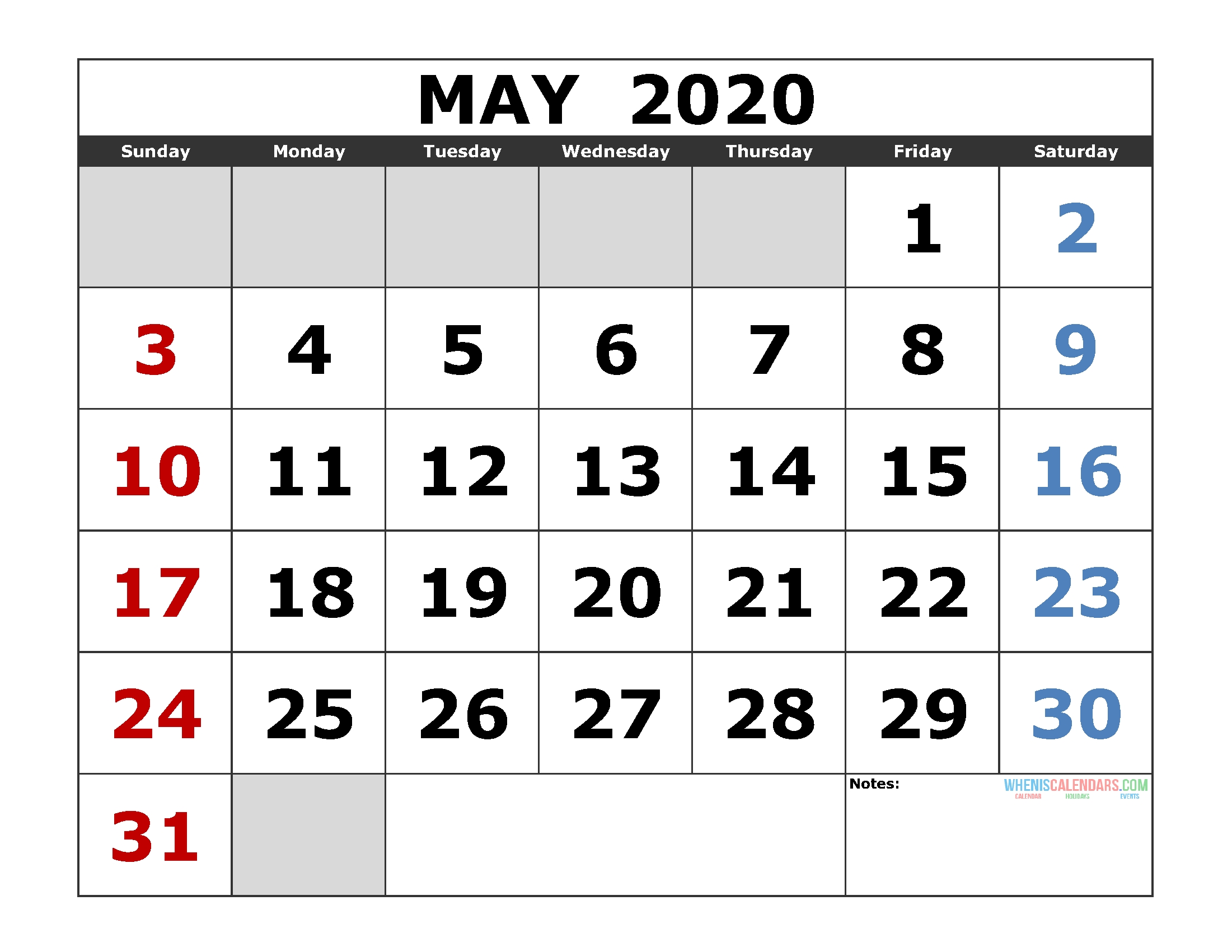 May 2020 Printable Calendar Template Excel, Pdf, Image [Us