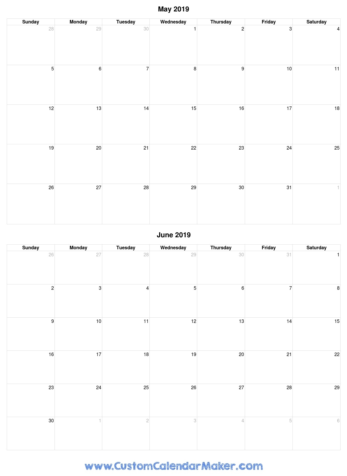 May And June 2019 Free Printable Calendar Template