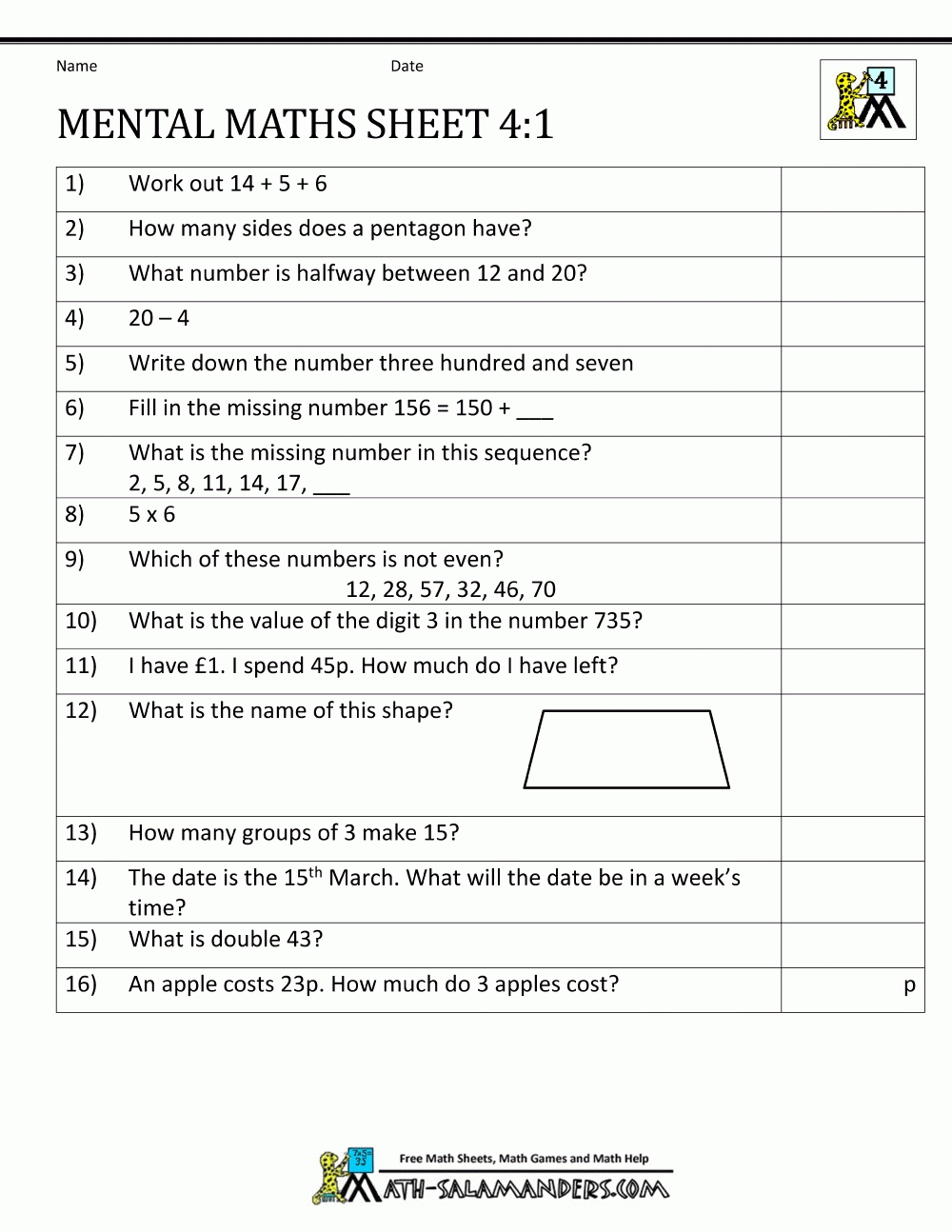 Mental Maths Test Year 4 Worksheets