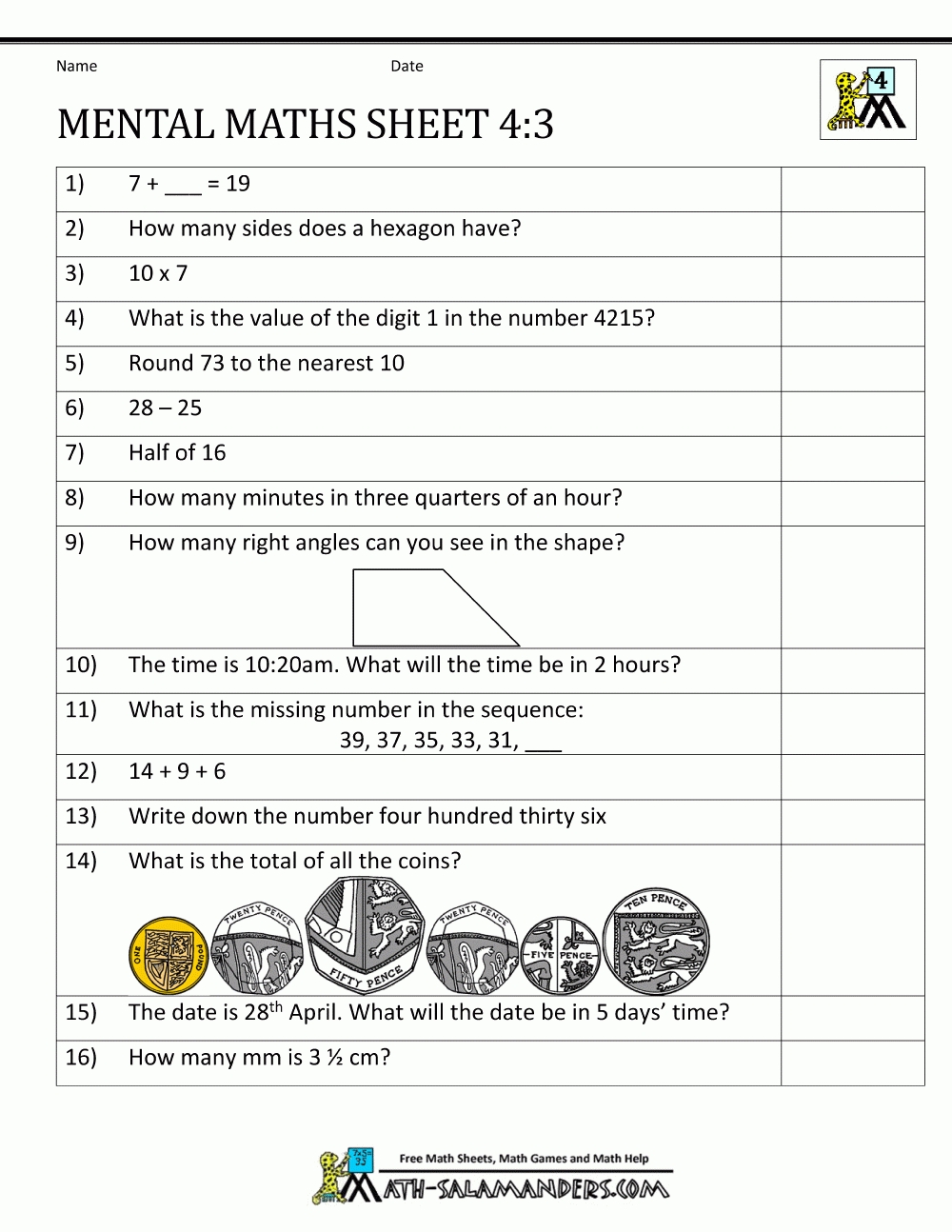 Mental Maths Test Year 4 Worksheets