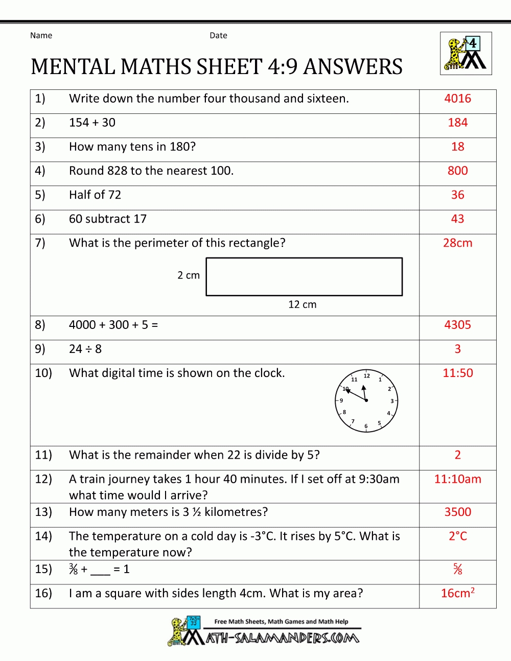 Mental Maths Test Year 4 Worksheets