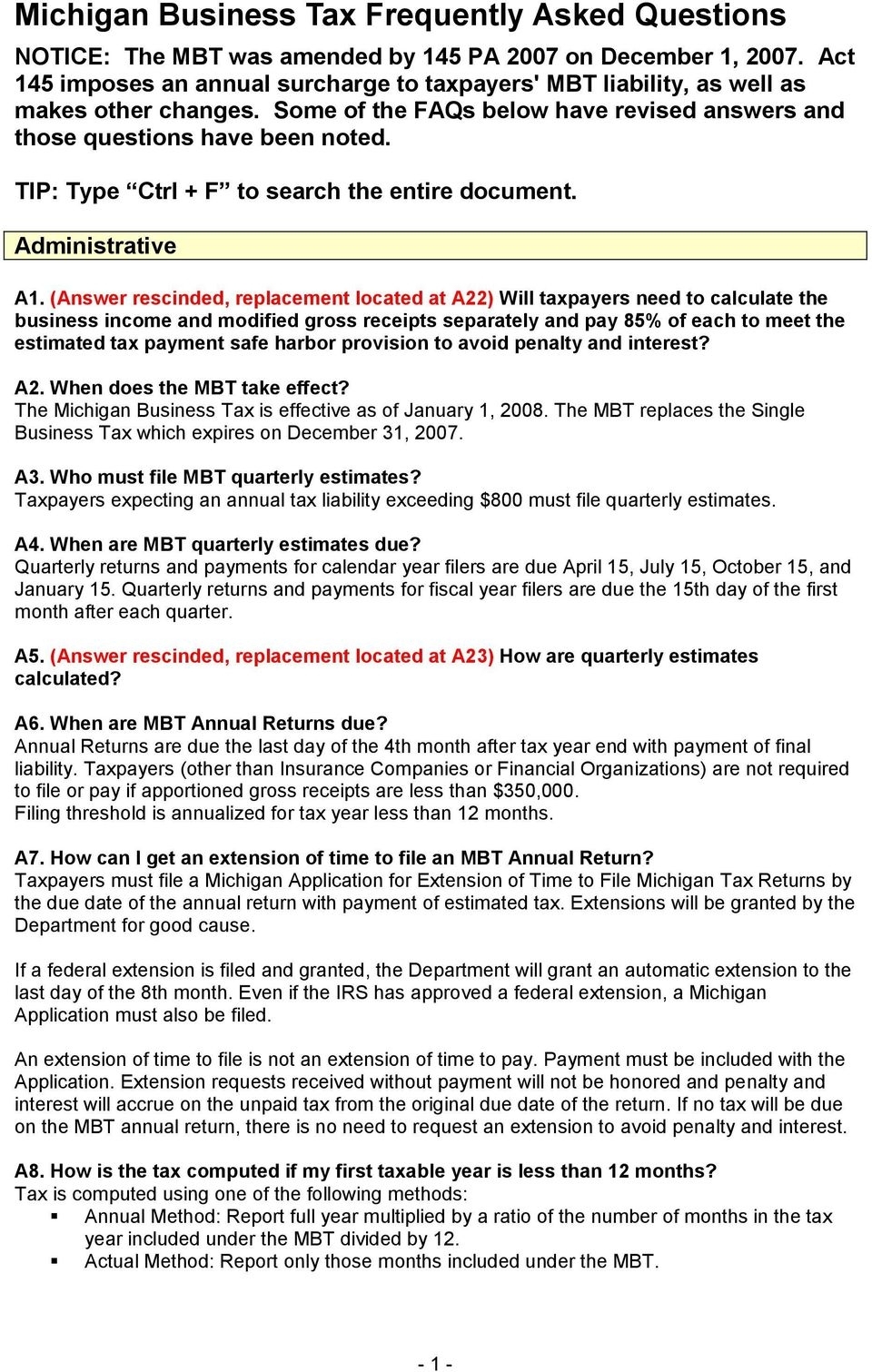 Michigan Business Tax Frequently Asked Questions - Pdf