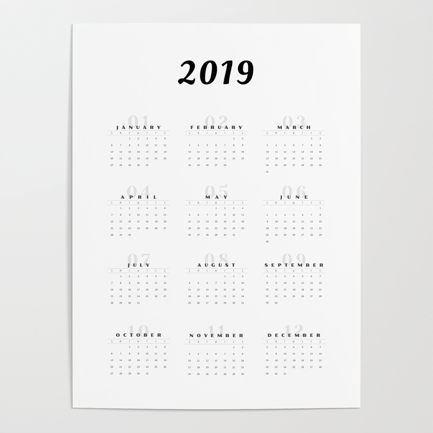 Minimal 2019 Calendar Art Print Posterchristinaangela