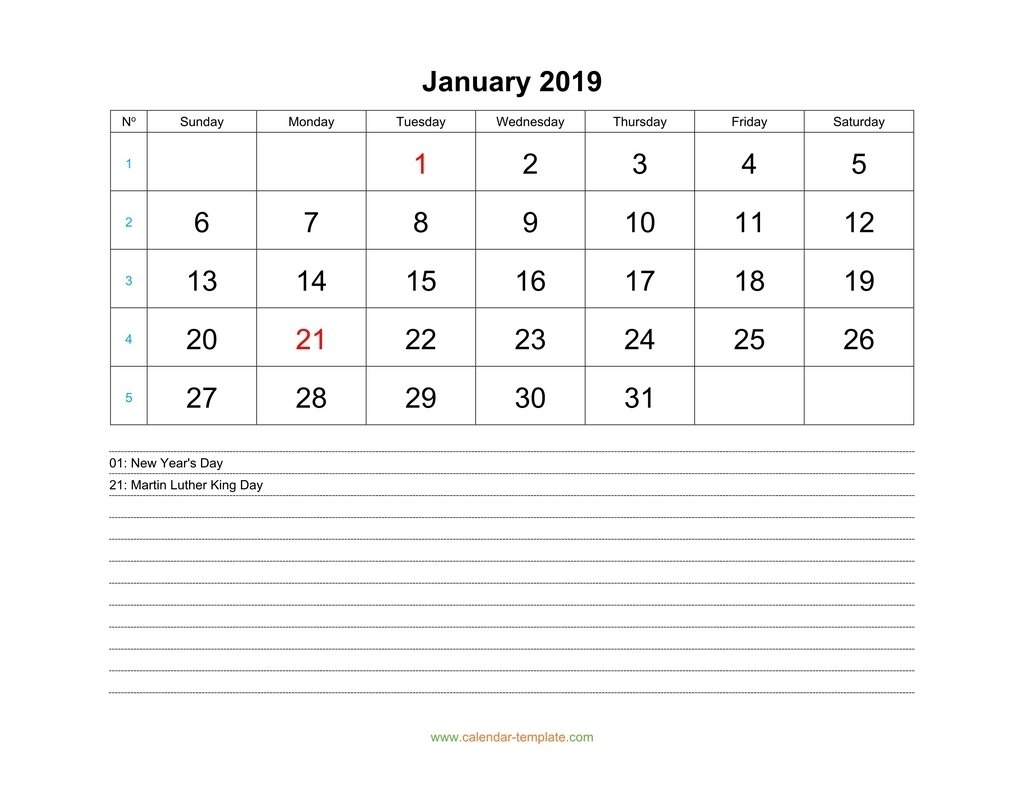 Monthly 2019 Calendar With Space For Notes