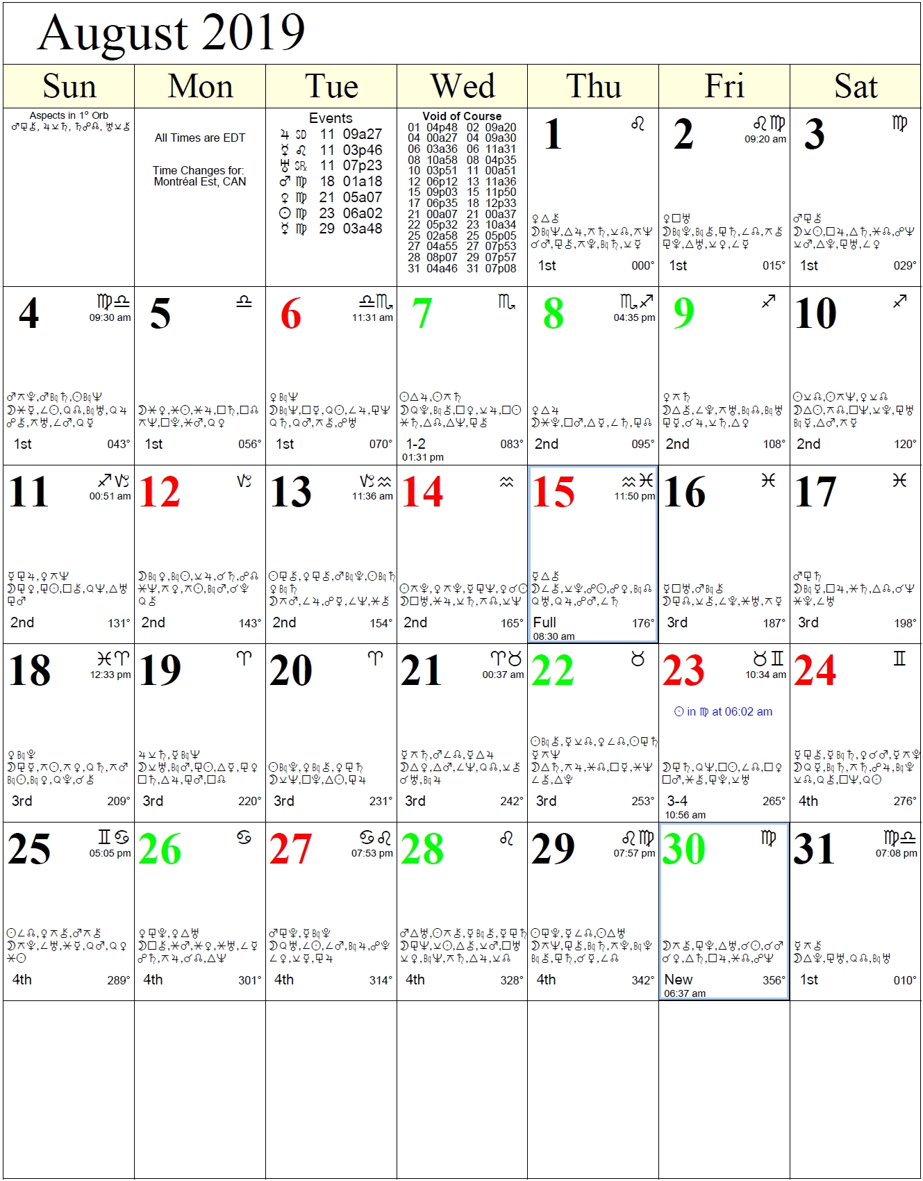 astrology good days calendars