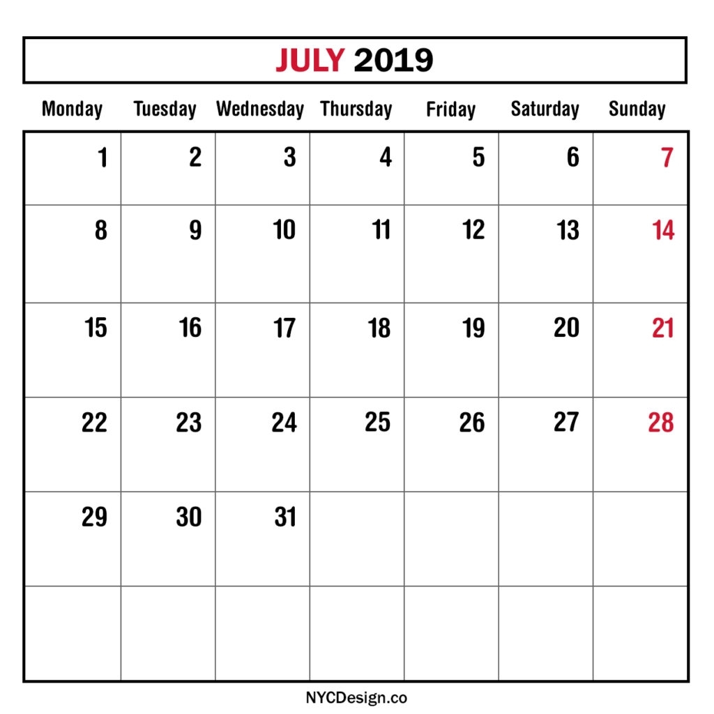 Monthly Calendar July 2019, Monthly Planner, Printable Free