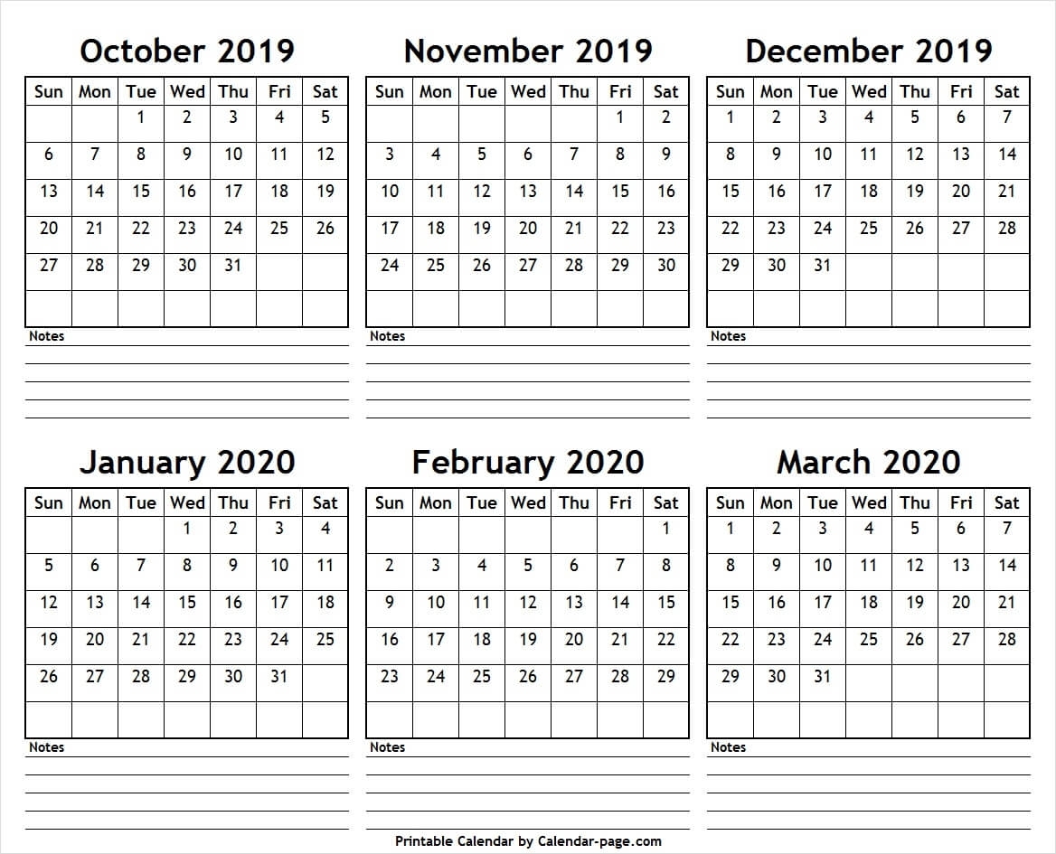 Monthly Calendar Of Oct Nov Dec 2019 Jan Feb Mar 2020