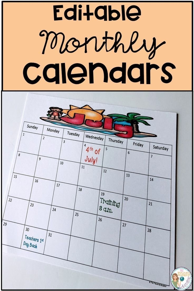 Monthly Calendar Template (Editable) | First Grade Calendar