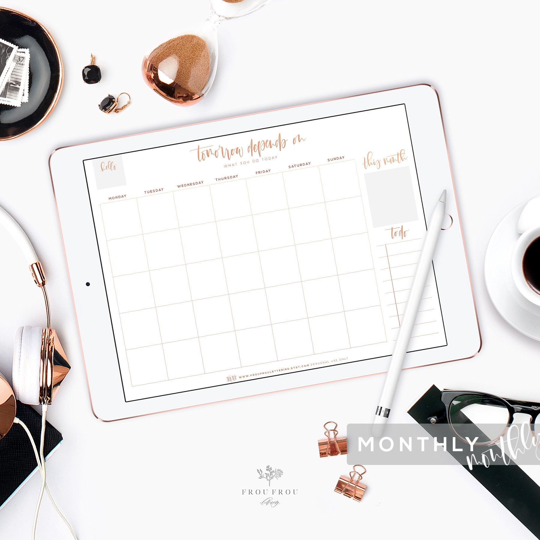 Monthly Planner Rose Gold Undated Calendar Ipad Pro Goodnotes Printable To  Do List Digital Organizer Month Daily Weekly Inserts Dashboard