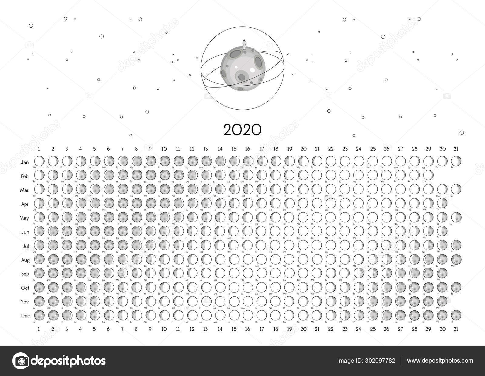 Moon Calendar 2020 Northern Hemisphere White — Stock Vector