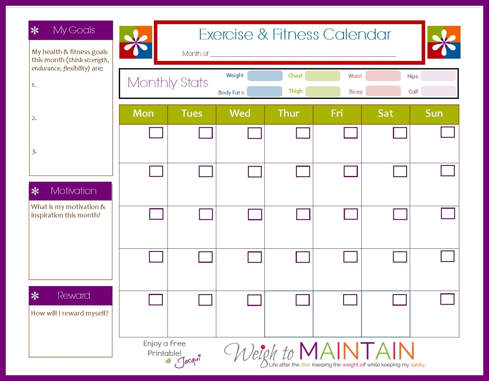 New And Improved Printable Fitness Calendar | Workout