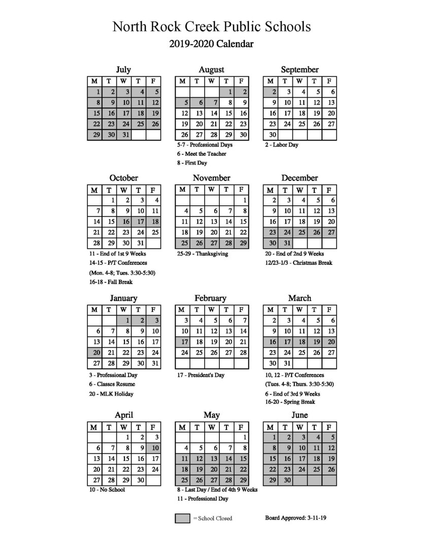 North Rock Creek Public Schools - 2019-2020 School Calendar