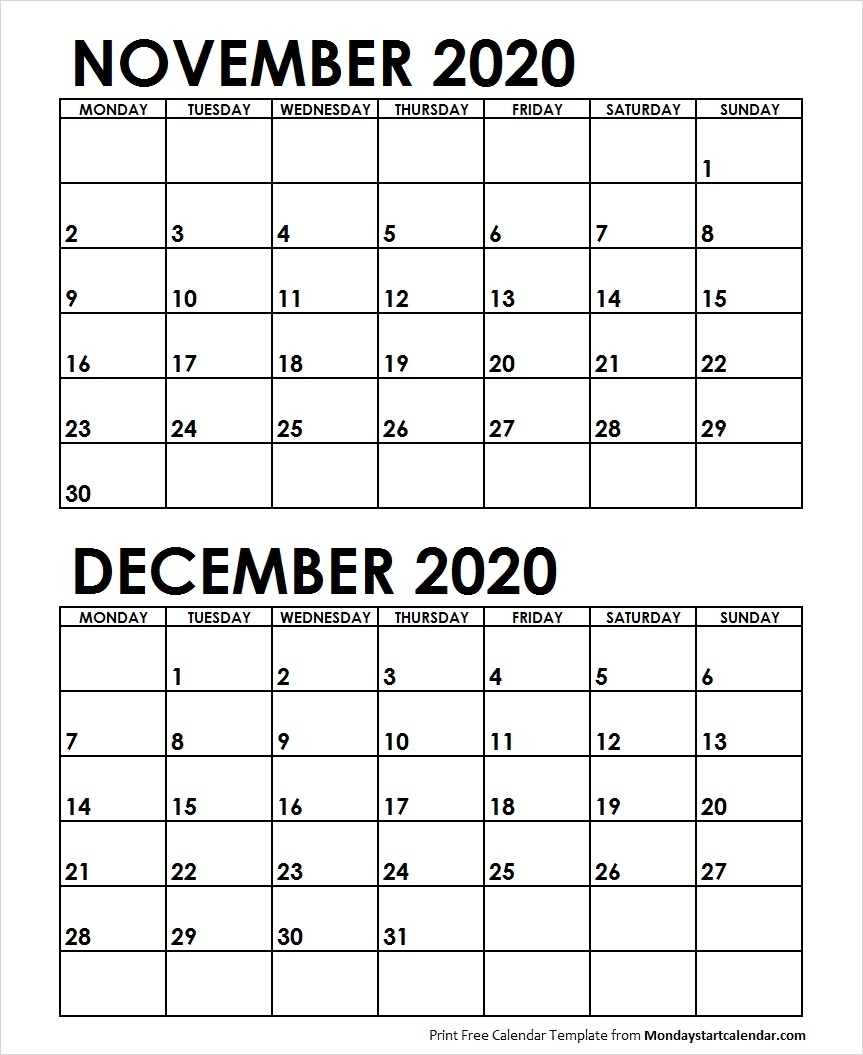 Nov Dec 2020 Calendar Monday Start | Editable Two Months
